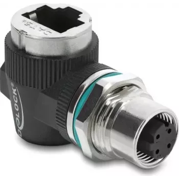 Delock M12-adapter D-gecodeerd 4 pin female naar RJ45 female paneelmontage 90° haaks