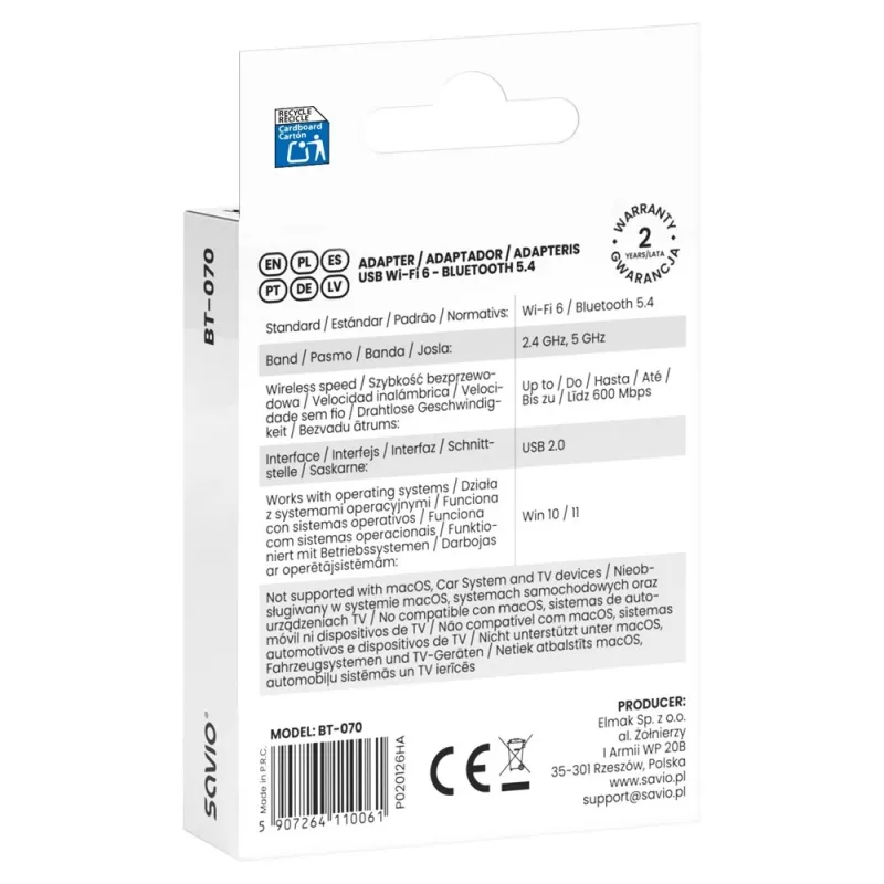 Savio BT-070 USB Wi-Fi 6- en Bluetooth 5.4-adapter