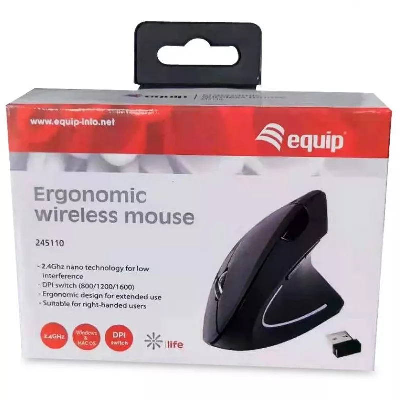 Equip 245110 Verticale ergonomische draadloze muis - rechtshandig - 2,4 GHz - USB-ontvanger - zwart