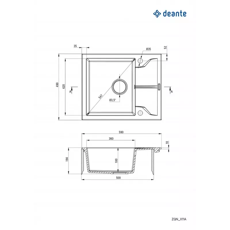 DEANTE 1-bowl granieten spoelbak met afdruiprek Graphite Metallic Andante