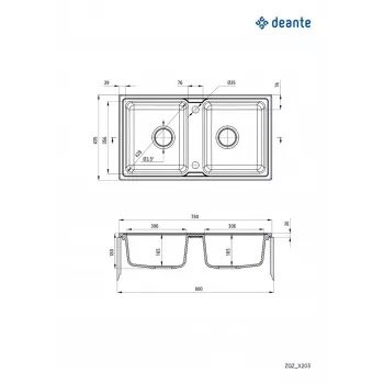 DEANTE ZORBA 2-baks granieten spoelbak zwart 780mm
