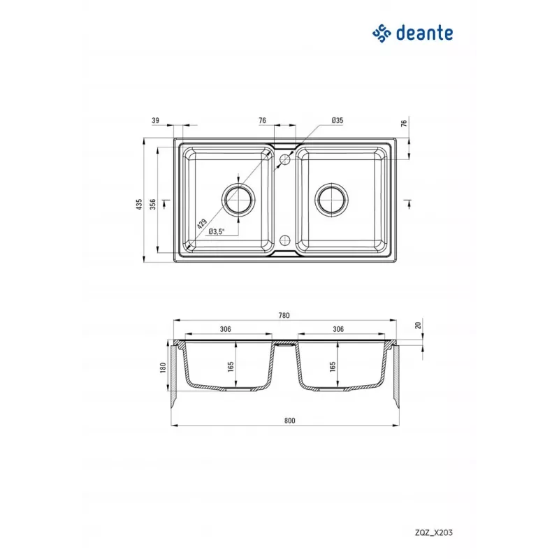 DEANTE ZORBA 2-baks granieten spoelbak zwart 780mm