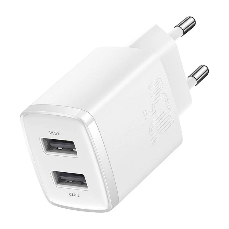 Baseus compact universeel wit AC indoor oplader 10,5W 2 USB-A-aansluitingen