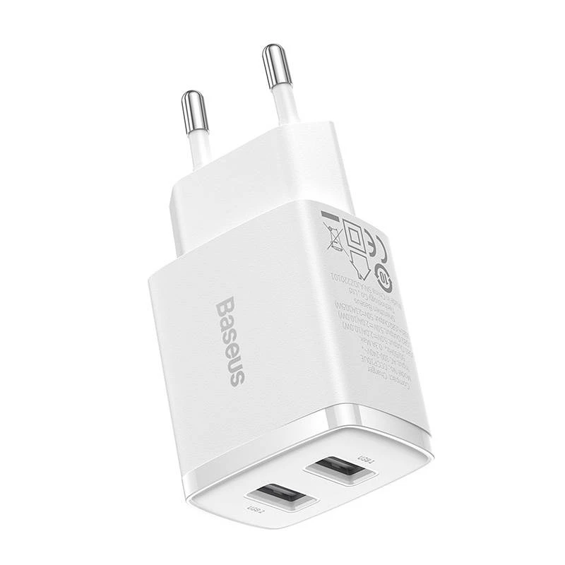 Baseus compact universeel wit AC indoor oplader 10,5W 2 USB-A-aansluitingen
