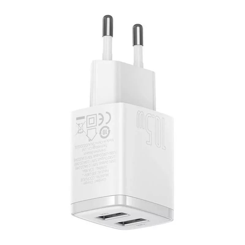Baseus compact universeel wit AC indoor oplader 10,5W 2 USB-A-aansluitingen