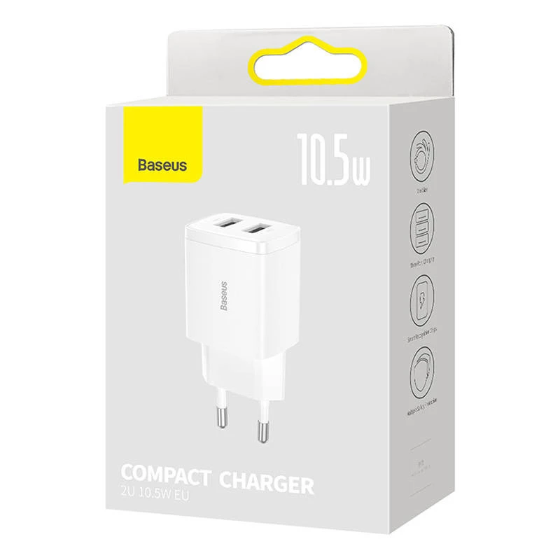 Baseus compact universeel wit AC indoor oplader 10,5W 2 USB-A-aansluitingen