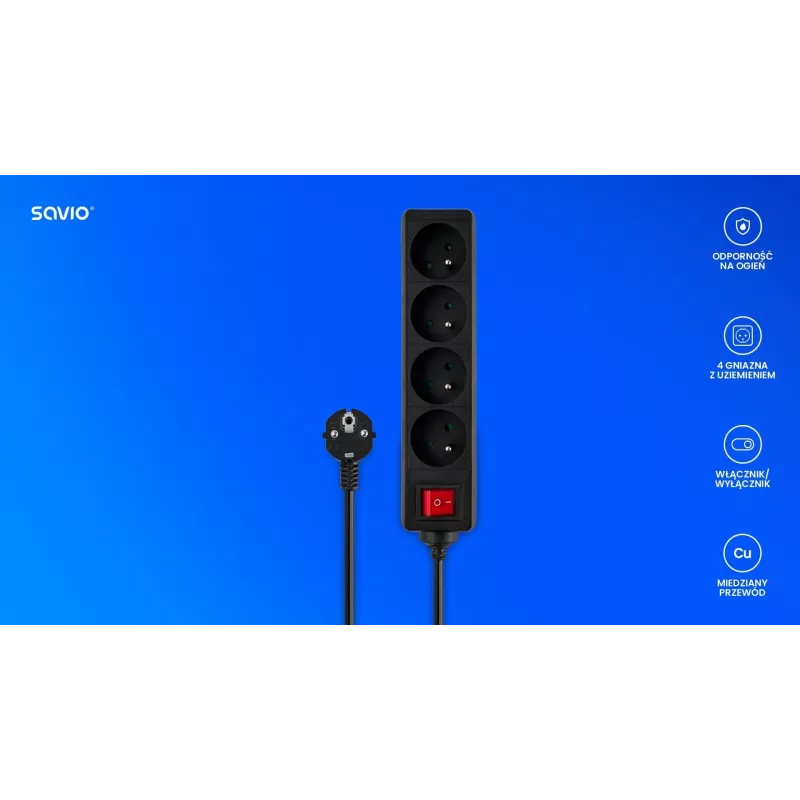 SAVIO LZ-14 4-voudige stekkerdoos met 2 USB-aansluitingen, 1,5m kabel, wit