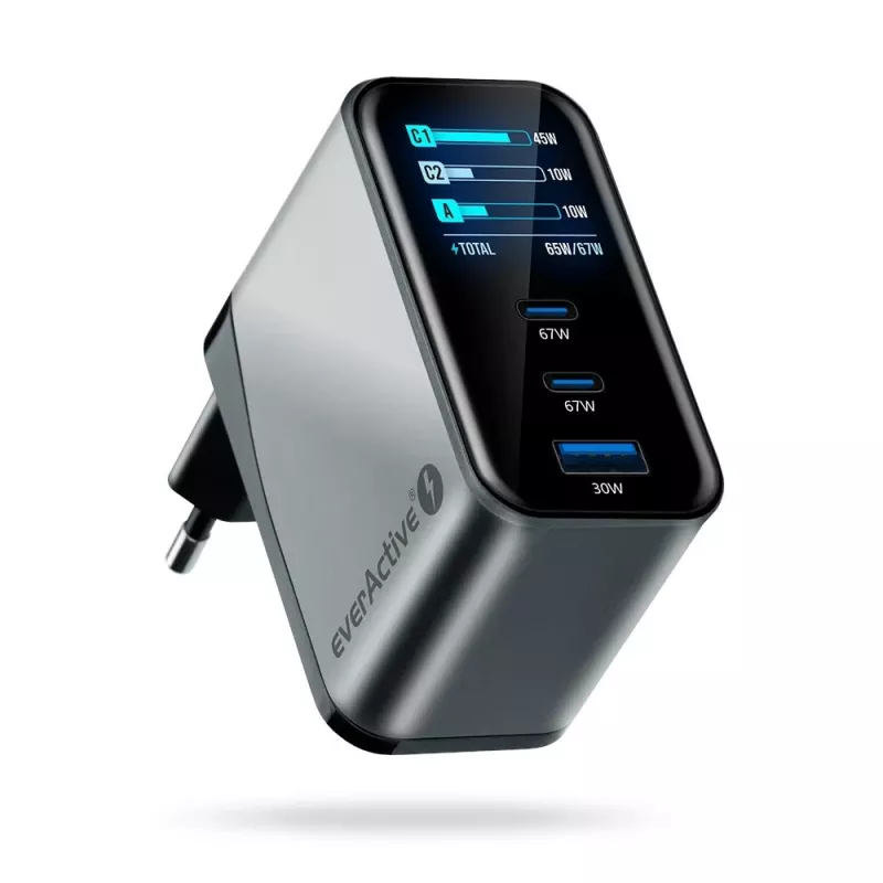 EVERACTIVE SC-670Q GaN 67W USB-C oplader met 2x USB-C en 1x USB-A, Quick Charge 4+, PD 3.0, zwart