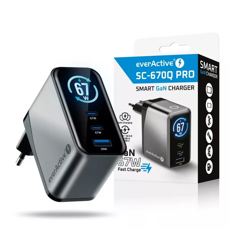 EVERACTIVE SC-670Q GaN 67W USB-C oplader met 2x USB-C en 1x USB-A, Quick Charge 4+, PD 3.0, zwart
