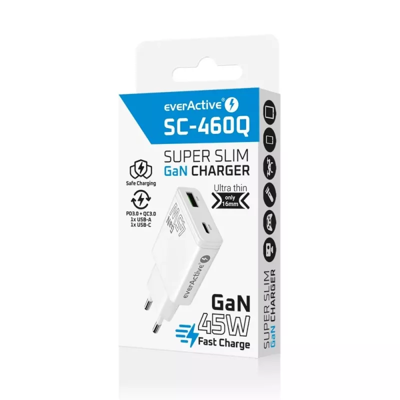 EVERACTIVE GaN QC3.0 45W USB-C wandoplader SC-460Q wit