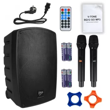 V-TONE BQ12 GO MP3 actieve luidspreker 8 inch met accu, draadloze microfoon en afstandsbediening, zwart