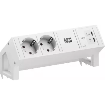 Bachmann DESK2 Pure White bureaustopcontactmodule met 2x Schuko-stopcontacten en 65W USB-C PD, 0,2m kabel, RAL 9010