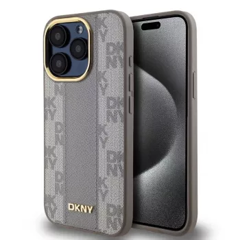 DKNY DKHMP15LPCPVSLE iPhone 15 Pro 6.1 beige hardcase leer ruit mono patroon MagSafe