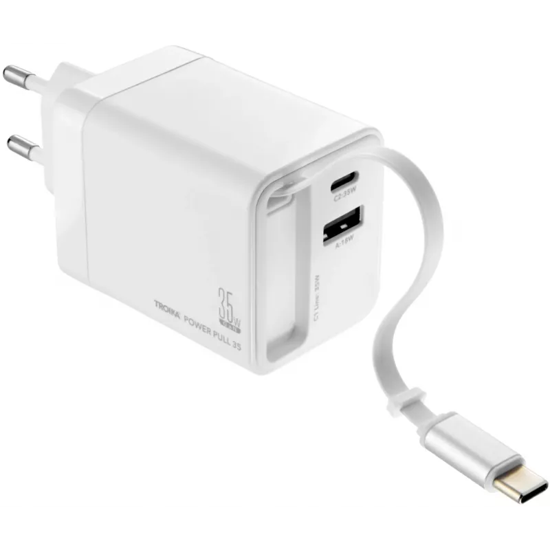 TROIKA POWER PULL 35 autolader 35W USB-C PD & USB-A QC 3.0 wit (CHA35/WH)