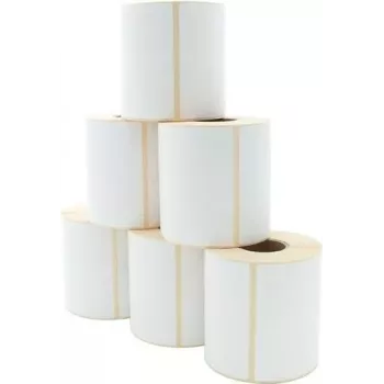ARTDEV thermisch direct etikettenrol 101,6 x 101,6 mm, 110 mm buitendiameter, 40 mm kern, 480 etiketten per rol, wit, permanente lijm