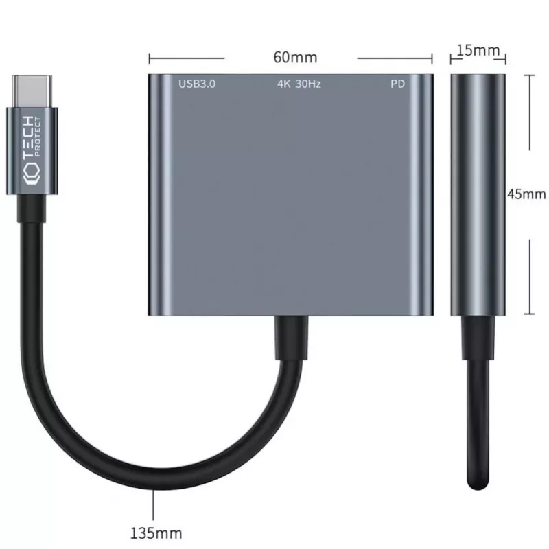 Tech-Protect V1 3in1 USB-C hub-adapter - USB-A 3.0, USB-C PD 100W, HDMI 4K 30Hz - grijs