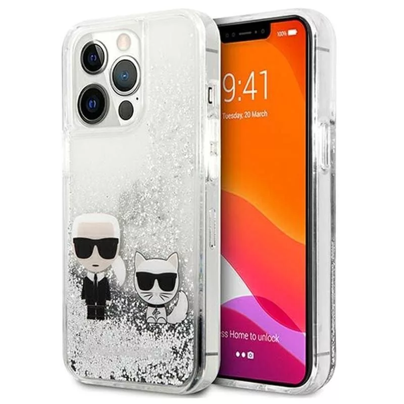 Karl Lagerfeld Apple iPhone 13 Pro Liquid Glitter Choupette Case zilver