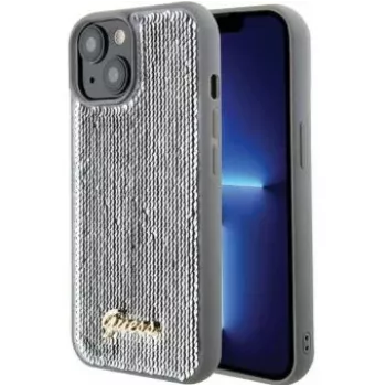 Guess iPhone 15 HC Sequin Script Metal zilver Hard Case