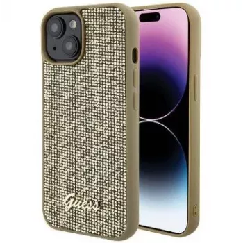 Guess Apple iPhone 15 HC PU Disco Script Metal Gold achterkant hoesje