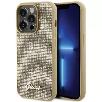 Guess Apple iPhone 15 Pro Max HC PU Disco Script Metal Gold achterkant hoesje