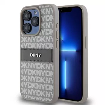 DKNY PU Leather Repeat Pattern Tonal Stripe Case voor iPhone 15 Pro beige
