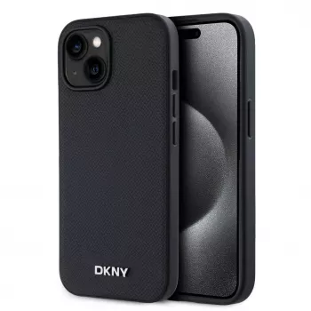 DKNY PU Leder Silver Metal Logo Magsafe hoes voor iPhone 15 zwart