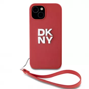 DKNY PU Leather Stack Logo Wrist Strap Case voor iPhone 15 rood