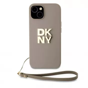 DKNY Apple DKNY PU Leather Stack Logo Wrist Strap case voor iPhone 15 beige