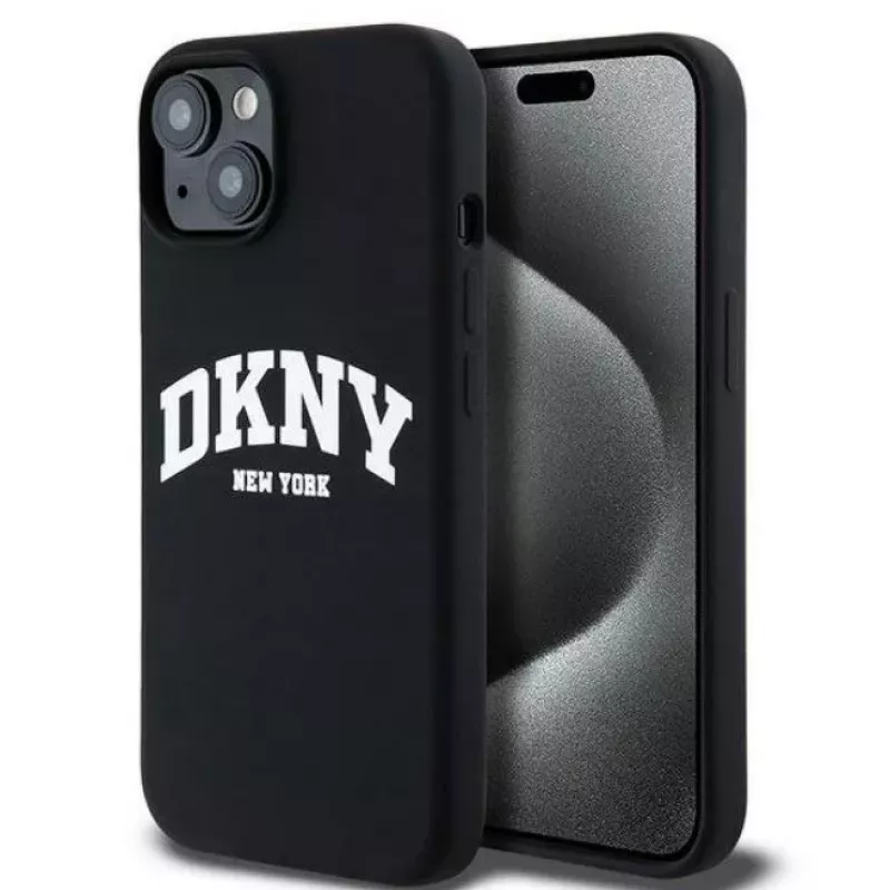 DKNY Apple iPhone 15 hardcase Liquid Silicone White Printed Logo MagSafe zwart