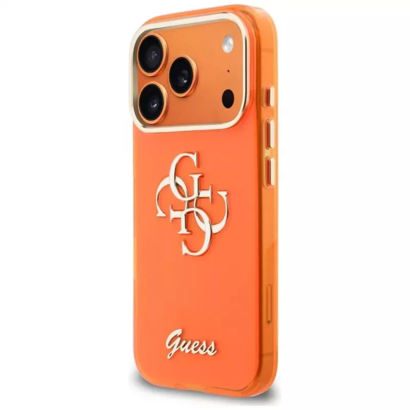 Guess IML 4G Script Metal Hoesje voor iPhone 17 Pro, oranje