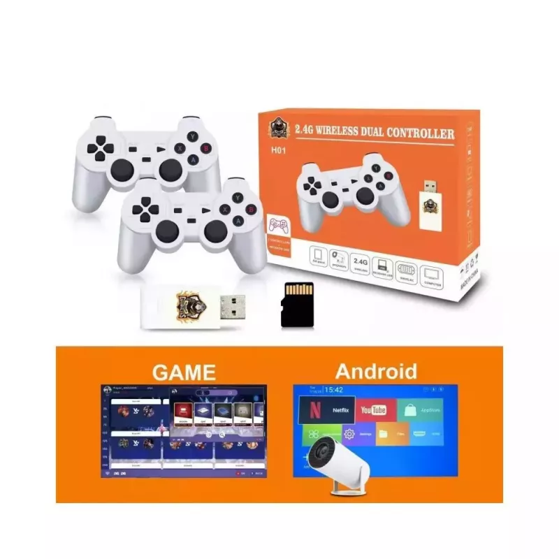 GameBox HY00 64bit Retro 20K Game 4K HDMI Stick Console / Android Box met 2x draadloze controllers Wit