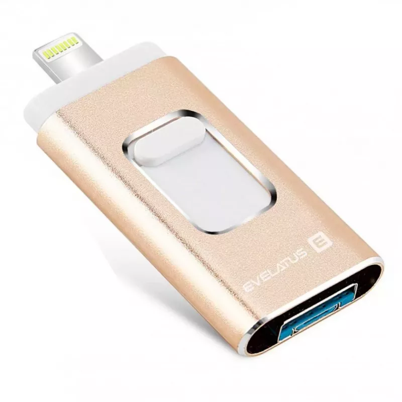 Evelatus USB Flash naar Lightning 32GB 3in1 (USB, iPhone en Micro) Goud