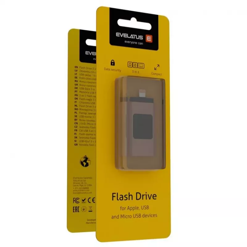 Evelatus USB Flash naar Lightning 32GB 3in1 (USB, iPhone en Micro) Goud