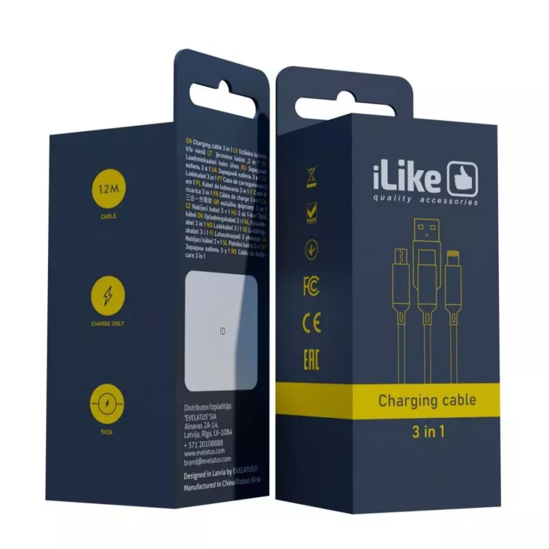 iLike Oplaadkabel 3 in 1, USB-A naar USB-C/Lightning/Micro USB, nylon gevlochten, 1,2 m, zwart