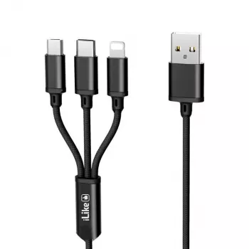 iLike Oplaadkabel 3 in 1, USB-A naar USB-C/Lightning/Micro USB, nylon gevlochten, 1,2 m, zwart