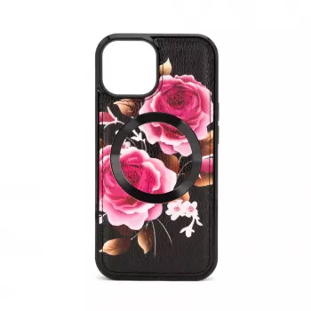 Evelatus Apple iPhone 15 Leren etui ritsontwerp bloem Zwart