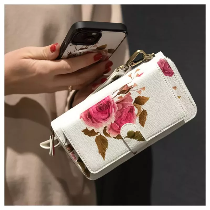 Evelatus Apple iPhone 14 Leren hoesje met ritssluiting Flower White