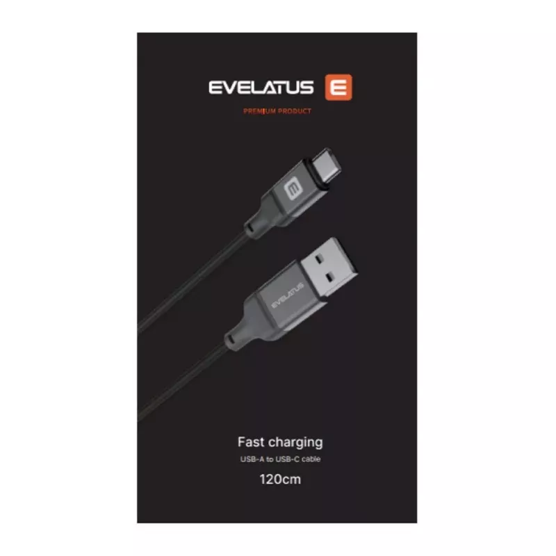 Evelatus USB-A naar USB-C kabel 1,2m gevlochten nylon zwart