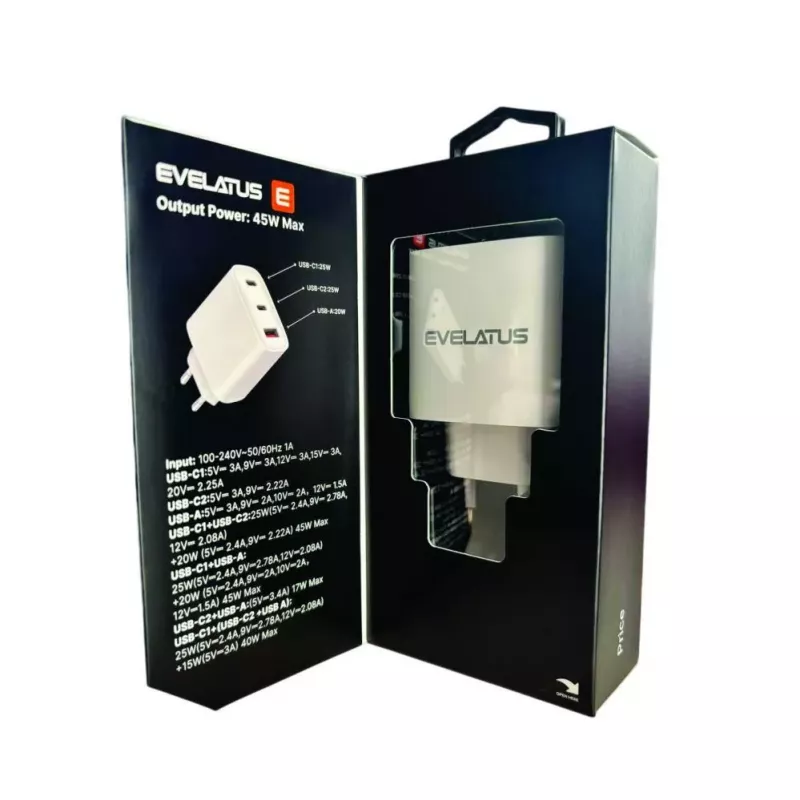 Evelatus 45W Max snellader EU USB-C1/USB-C1/USB-A - RCE-4501ACCL wit