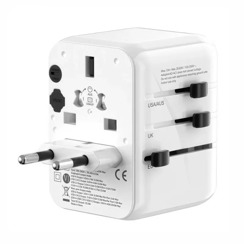 EVELATUS 35W Wereldreisadapter met 1 PD USB-C, 2 USB-C, 2 USB-A, Wit