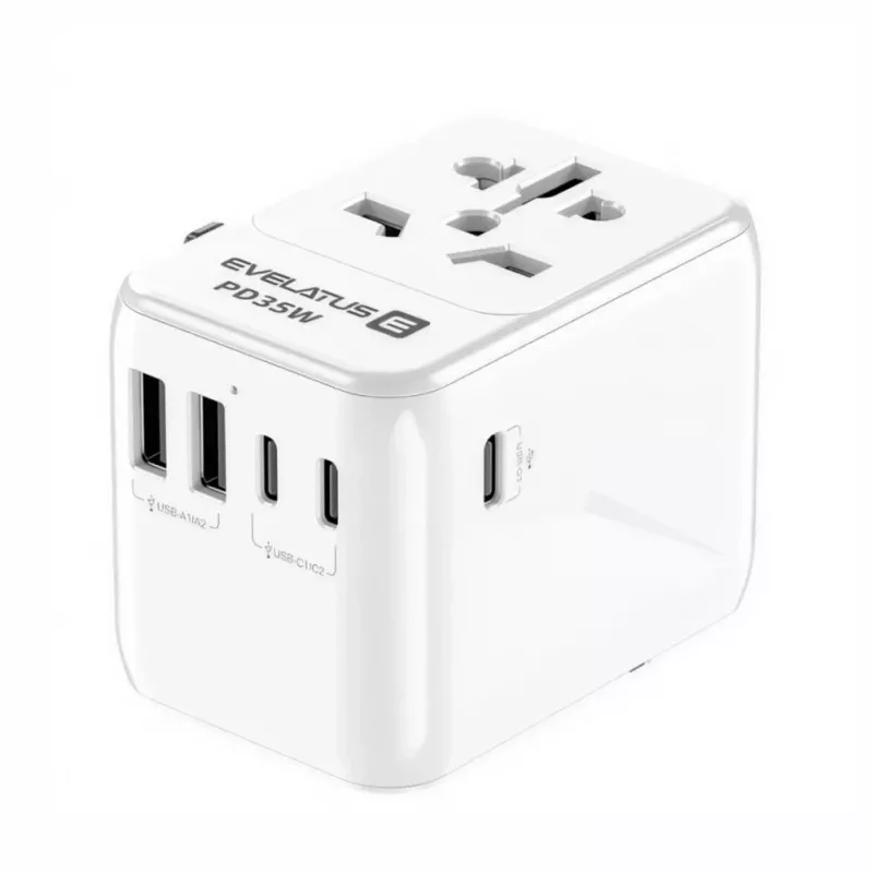 EVELATUS 35W Wereldreisadapter met 1 PD USB-C, 2 USB-C, 2 USB-A, Wit