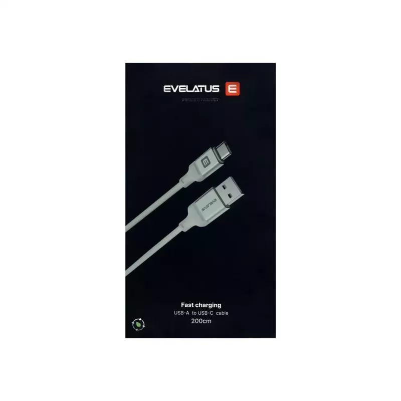 Evelatus USB-A naar USB-C kabel 2M aluminium behuizing gevlochten wit