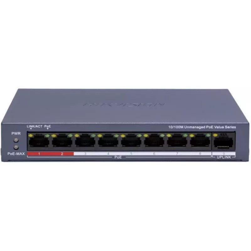 Hikvision DS-3E0109P-E/M(C) 9-poorts Fast Ethernet PoE-switch, 8 PoE-poorten, 65W budget, unmanaged