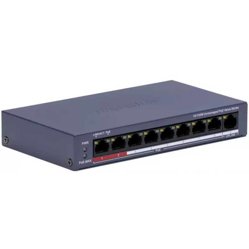 Hikvision DS-3E0109P-E/M(C) 9-poorts Fast Ethernet PoE-switch, 8 PoE-poorten, 65W budget, unmanaged