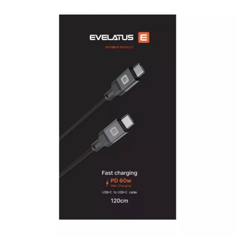 Evelatus USB-C naar USB-C kabel 1,2m 60W PD gevlochten nylon wit