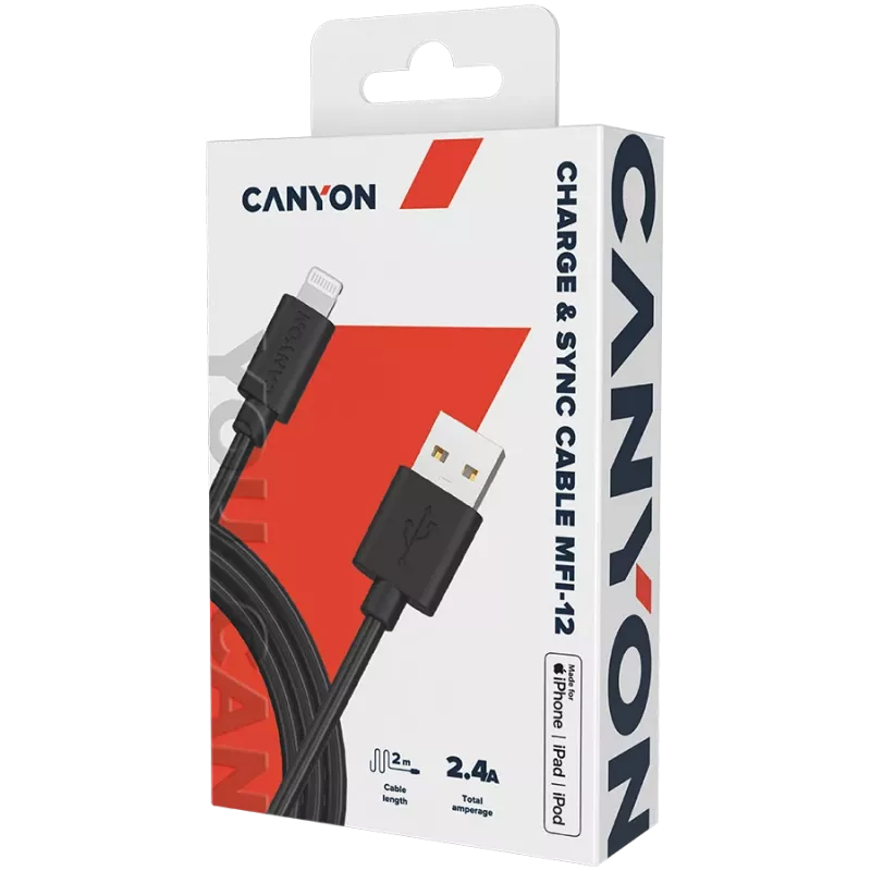 CANYON MFI-12 USB-A naar Lightning-kabel 2m zwart