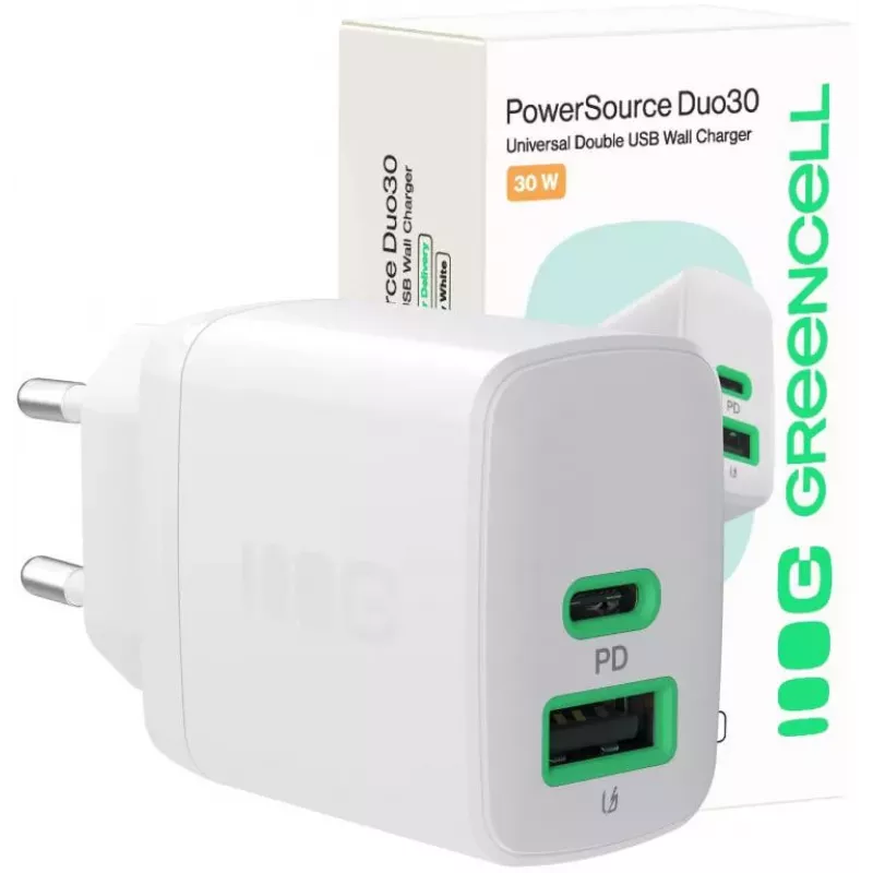 Green Cell PowerSource Duo30 30W USB-C & USB-A oplader wit