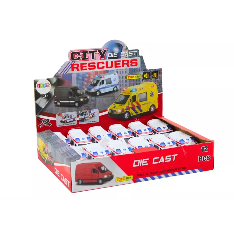 LEAN TOYS Ambulance 1:32 met deuren om te openen, licht, geluid, friction drive, wit