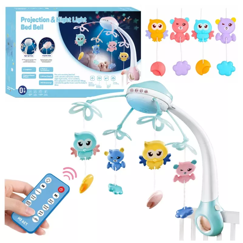 LEAN TOYS Wiegcarrousel projector afstandsbediening melodieën dierengeluiden blauw