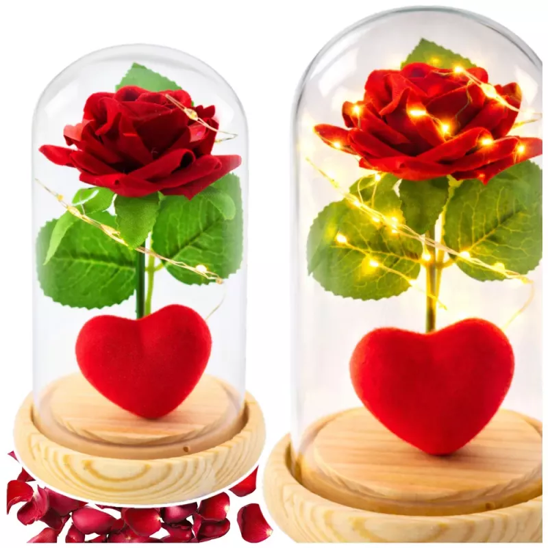 LEAN Eeuwige roos in stolp met LED-verlichting rood met hart 14x8cm